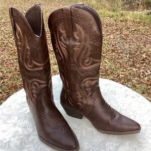 Women’s Cowboy Boots Mid Calf Pointed Toe Stitching Chunky Heel Dark Brown 8.5